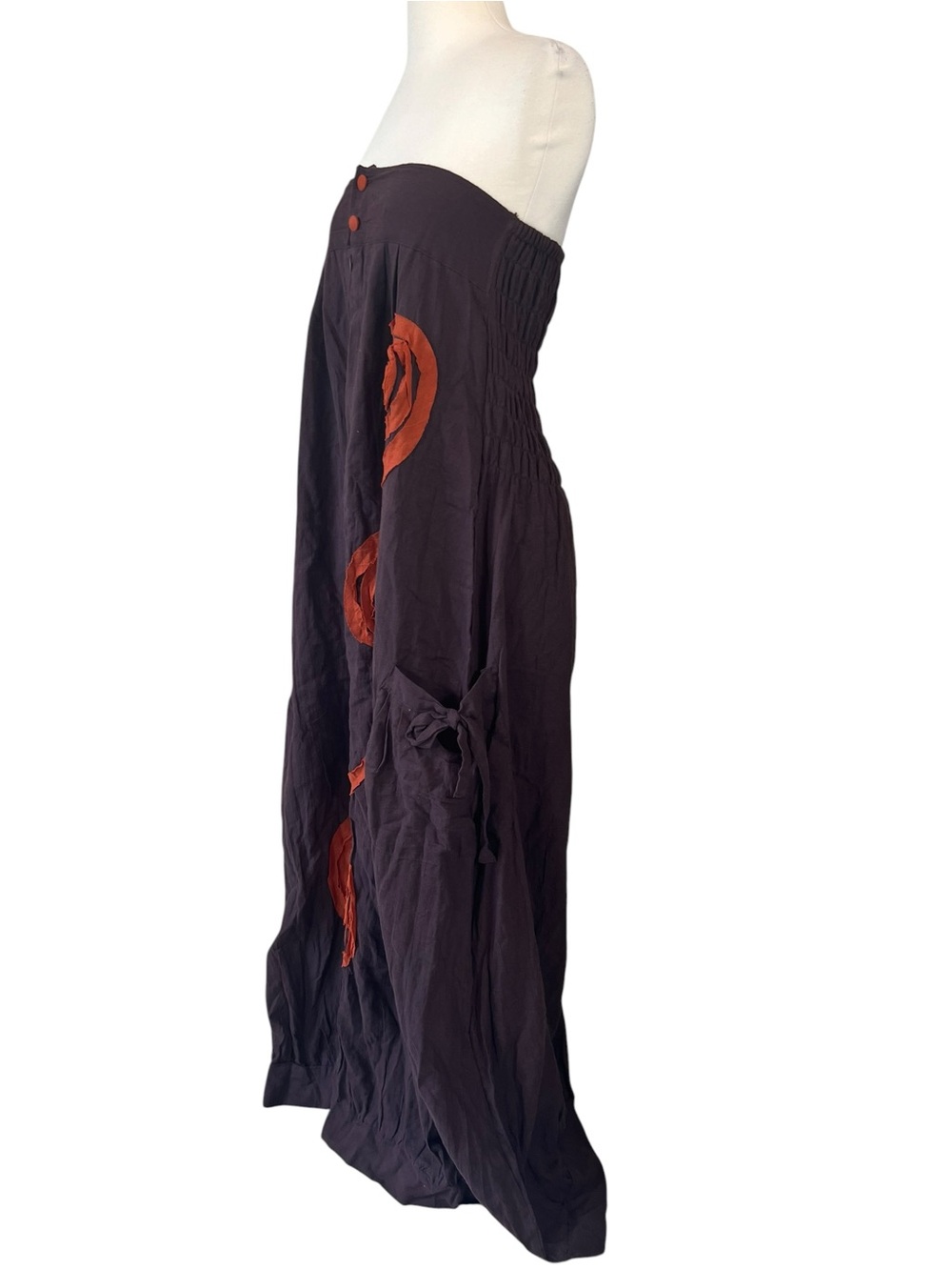 Strapless Chocolate Brown Maxi Dress with Rust Rose Appliqué - Picture 6 of 13